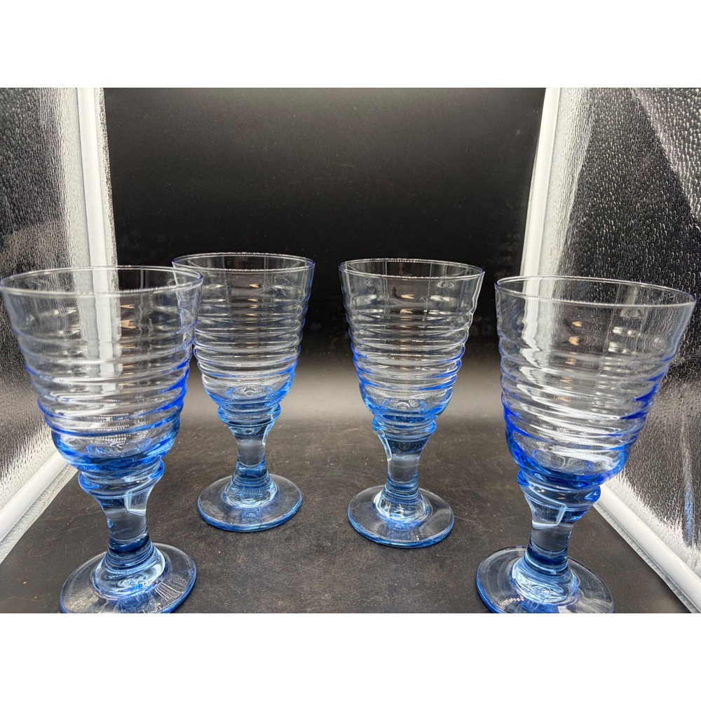 Blue Ribbed Glass Goblets Set of 4 Beehive Texture Footed Water Wine Glasses